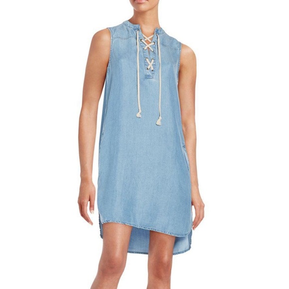 Beach lunch lounge chambray sleeveless lace up yoke mini dress Medium women’s - Picture 1 of 11
